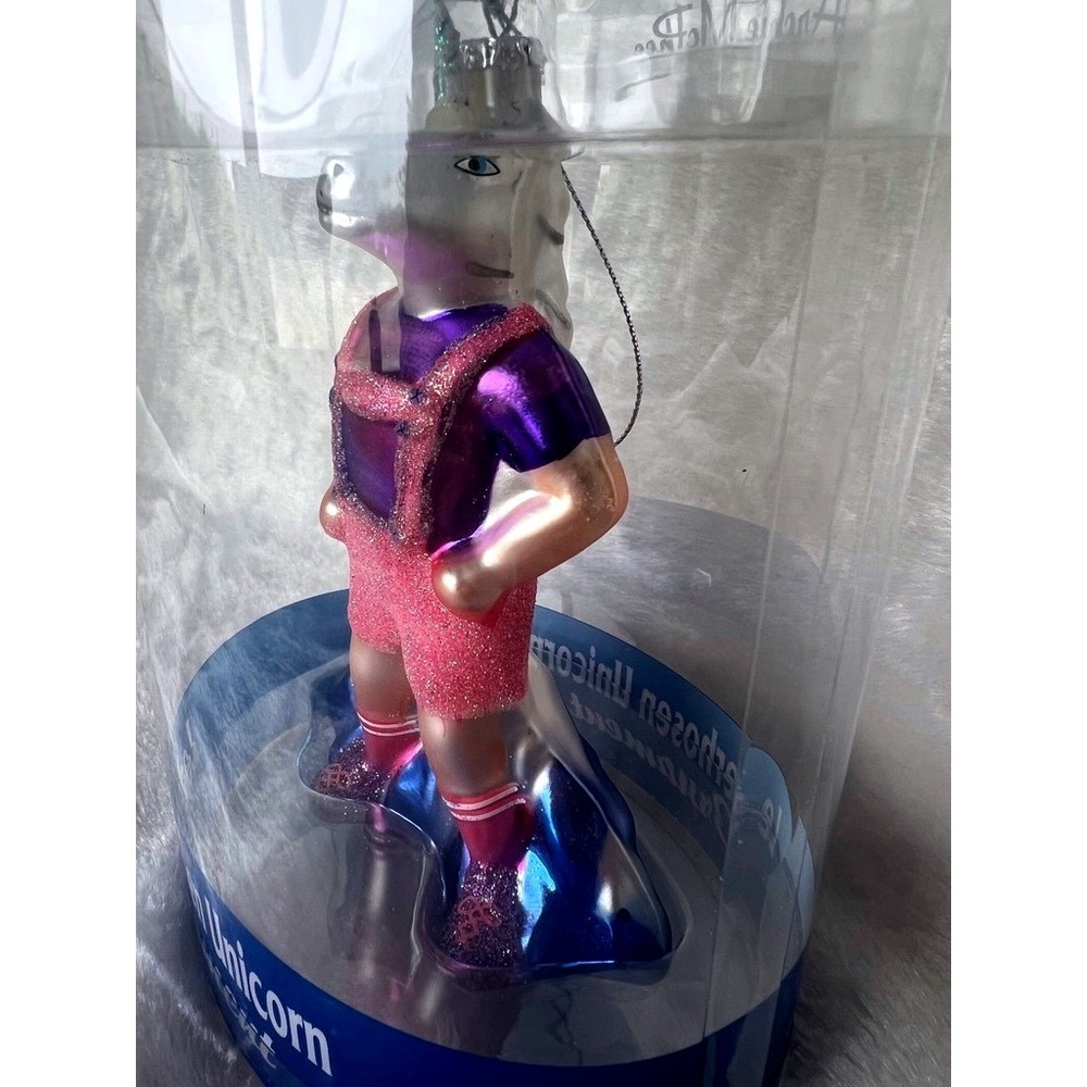 Lederhosen Unicorn Ornament Archie McPhee Pink Purple Glass Glitter Weird Xmas